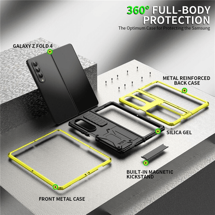 Heres Silicone Galaxy Z Fold 4 Case with Shockproof Metal Bumper and Kickstand - Astra Cases