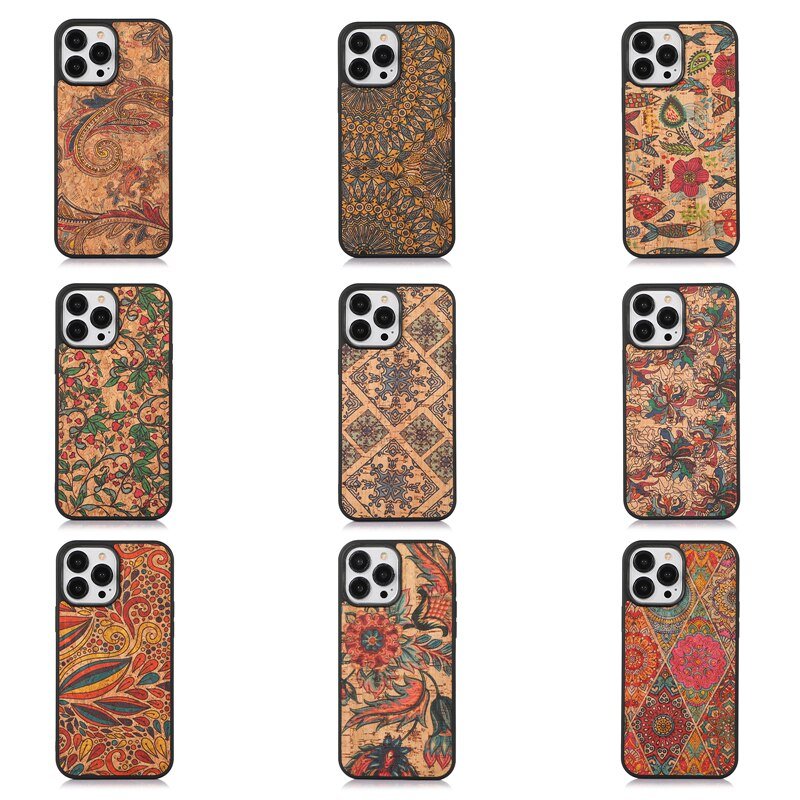 Nobilis Floral Pattern Breathable Cork Wood iPhone Case with Soft Shockproof Silicone Bumper - Astra Cases
